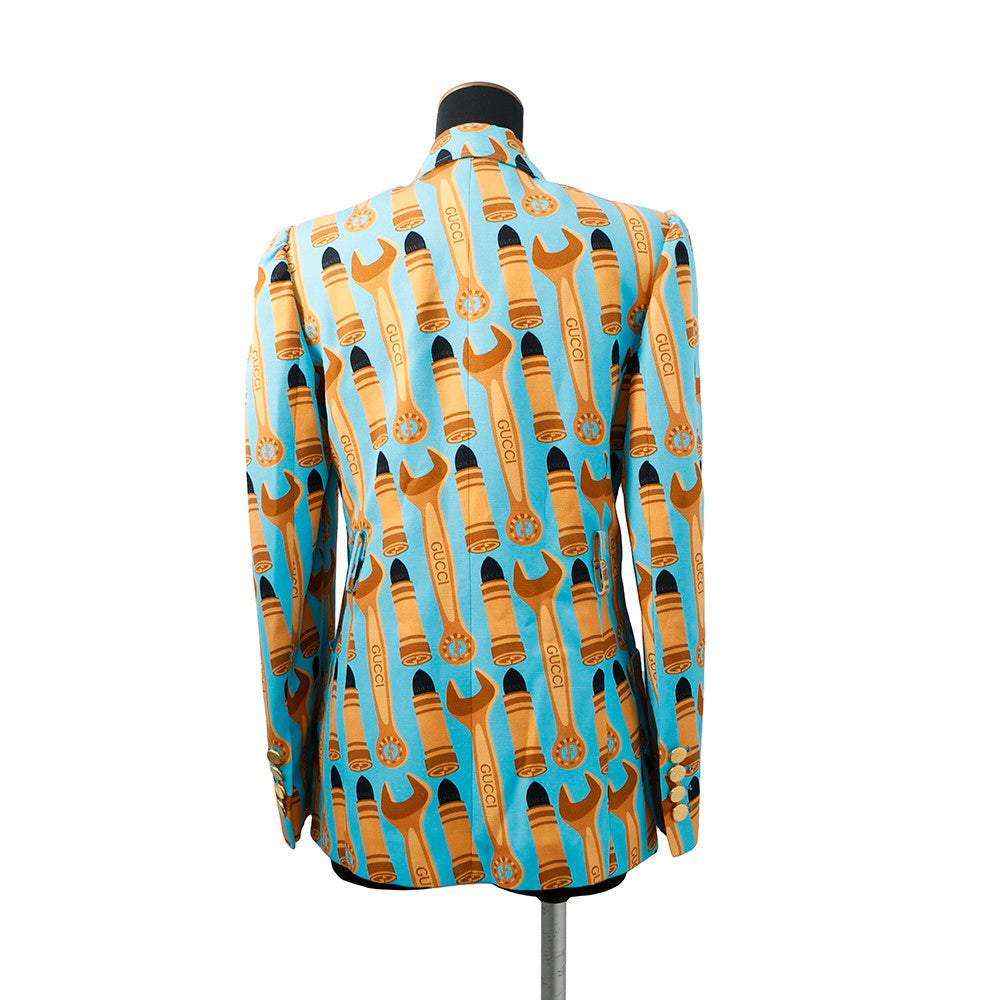 GUCCI ?Lipstick & Tool Print Jacket Size 38 Light Blue/Brown740422 Rayon98% Silk2%