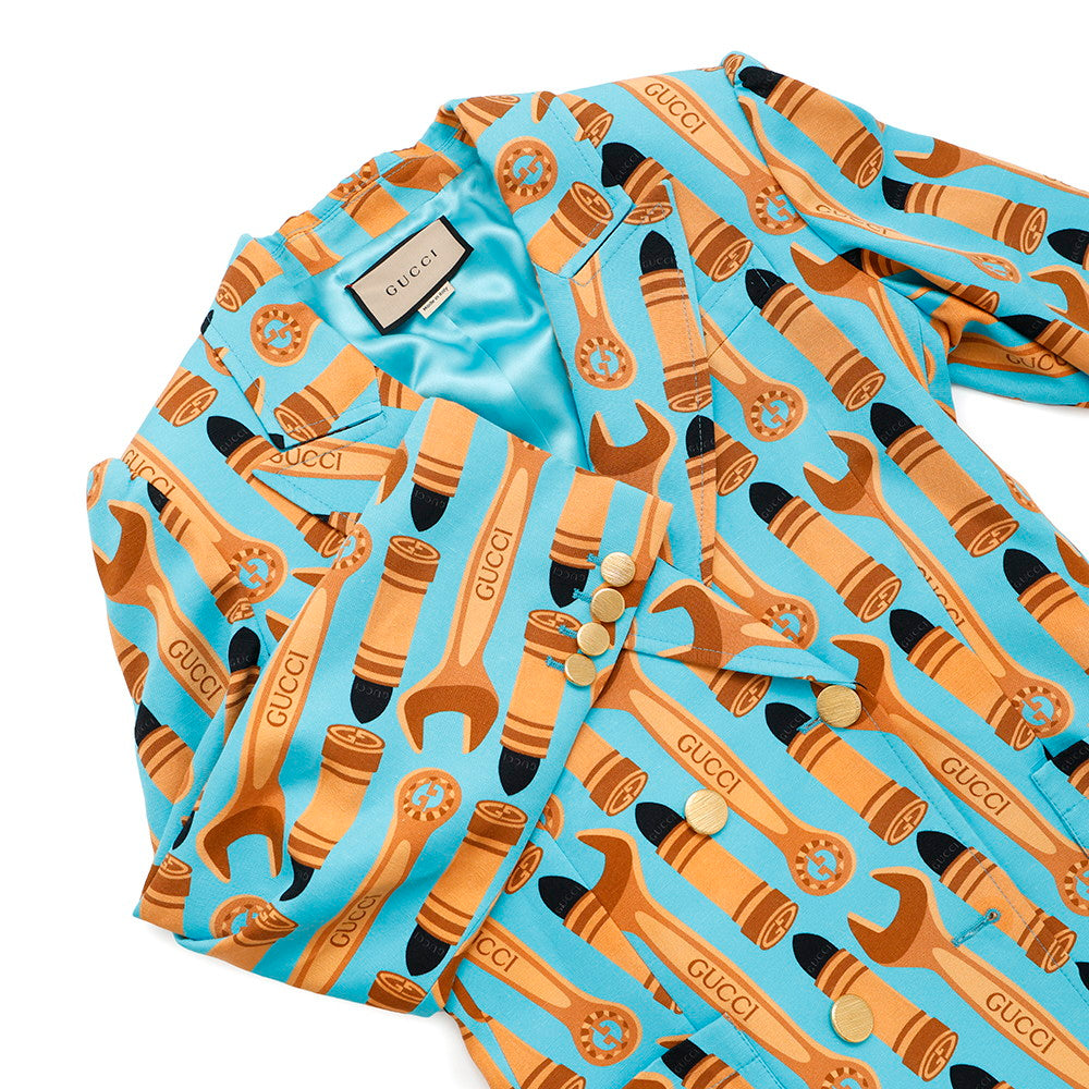 GUCCI ?Lipstick & Tool Print Jacket Size 38 Light Blue/Brown740422 Rayon98% Silk2%