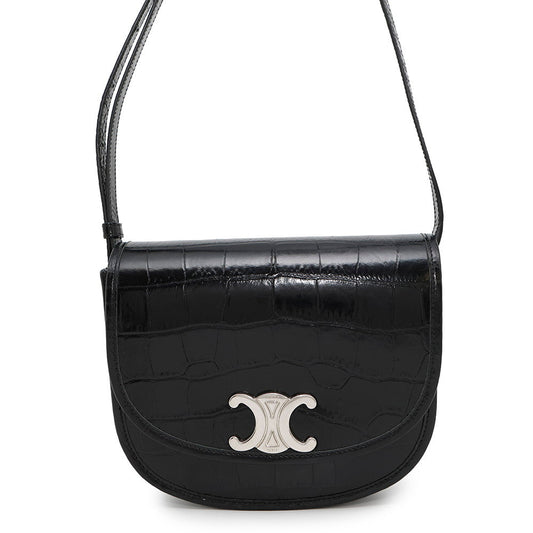 CELINE Busas Shoulder Bag Black114453 Croco embossed leather Size Medium