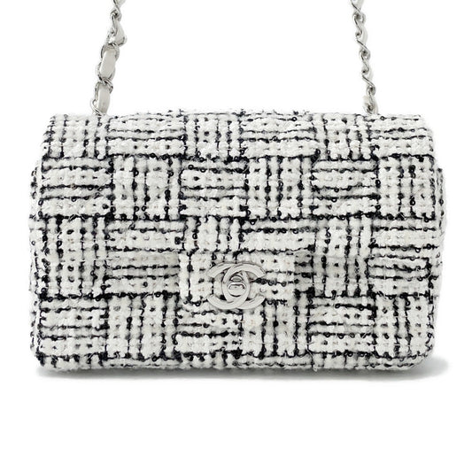 CHANEL Mini Matelasse ChainShoulder Bag White/BlackA69900 Tweed Sequins Leather