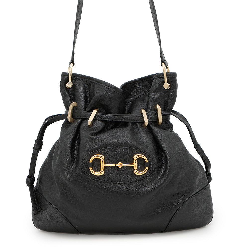 GUCCI ?Horsebit1955 Drawstring Shoulder Bag Black602089 Leather