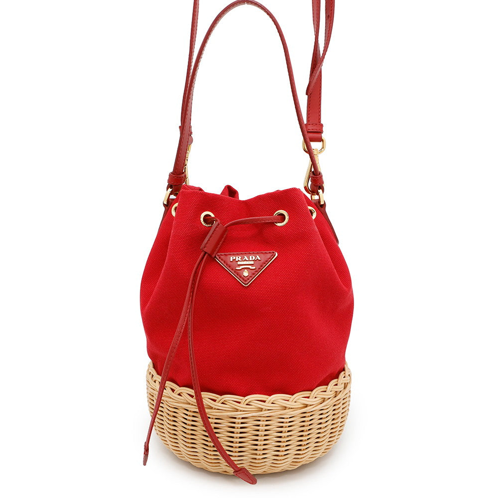 PRADA Drawstring bucket bag Red1BH115 Canvas Raffia