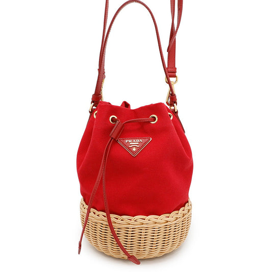 PRADA Drawstring bucket bag Red1BH115 Canvas Raffia