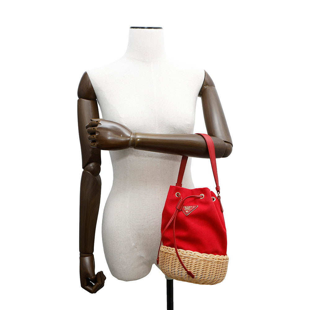 PRADA Drawstring bucket bag Red1BH115 Canvas Raffia