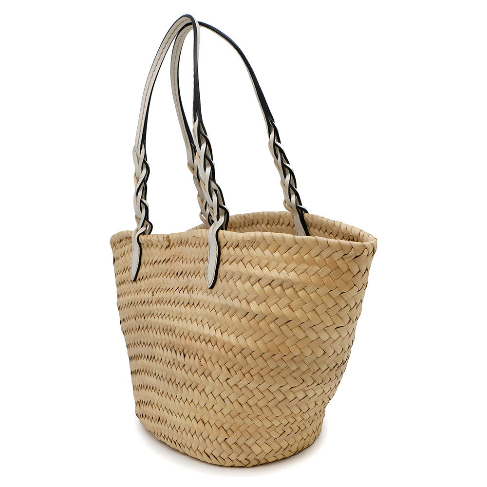 PRADA Woven Palm Basket Bag Natural/White1BG314 Straw Leather