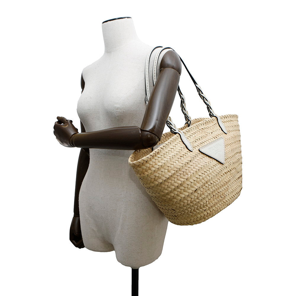 PRADA Woven Palm Basket Bag Natural/White1BG314 Straw Leather
