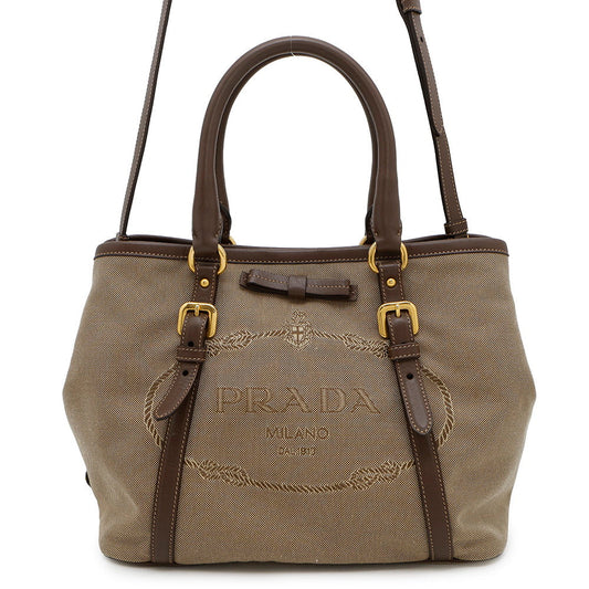 PRADA Logo Jacquard 2-way Tote Bag Brown/KhakiBN1841 Leather Canvas