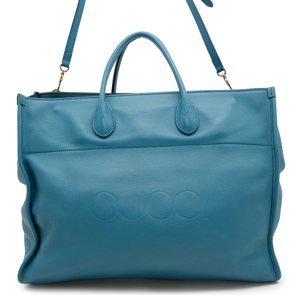 GUCCI Logo Large Tote Bag Light Blue674837 Leather