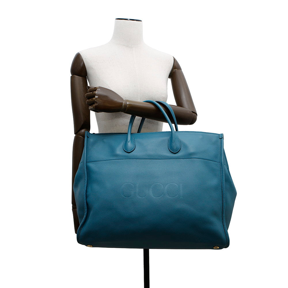 GUCCI Logo Large Tote Bag Light Blue674837 Leather