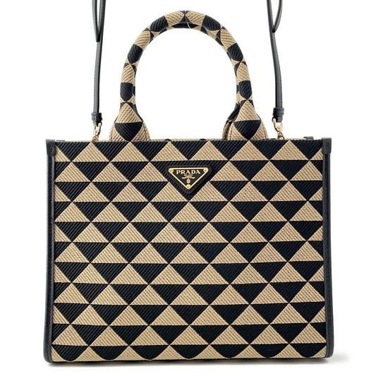 PRADA Symbol EmbroideryFabric Small Handbag Black/Beige1BA354 Jaguar Leather