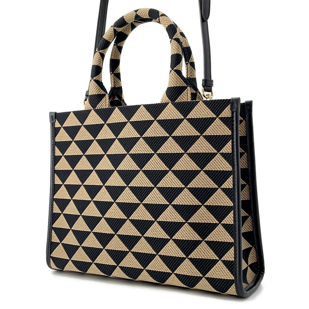 PRADA Symbol EmbroideryFabric Small Handbag Black/Beige1BA354 Jaguar Leather