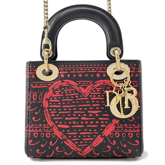 Dior Lady Dior 2WAY Handbag Black/Red Leather Size Mini