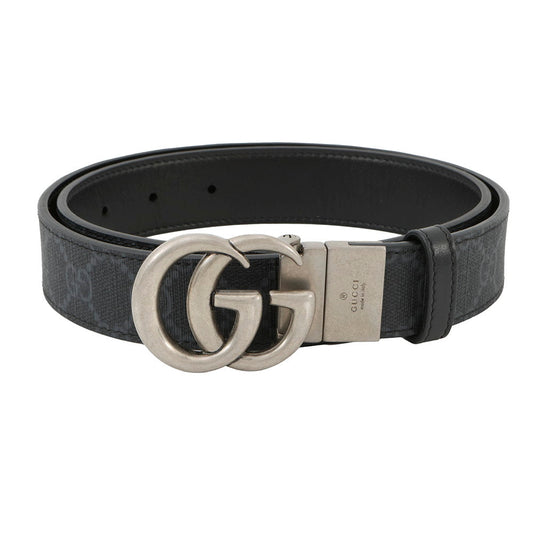 GUCCI Double G Reversible Belt Black/Gray643847 Leather Size 80