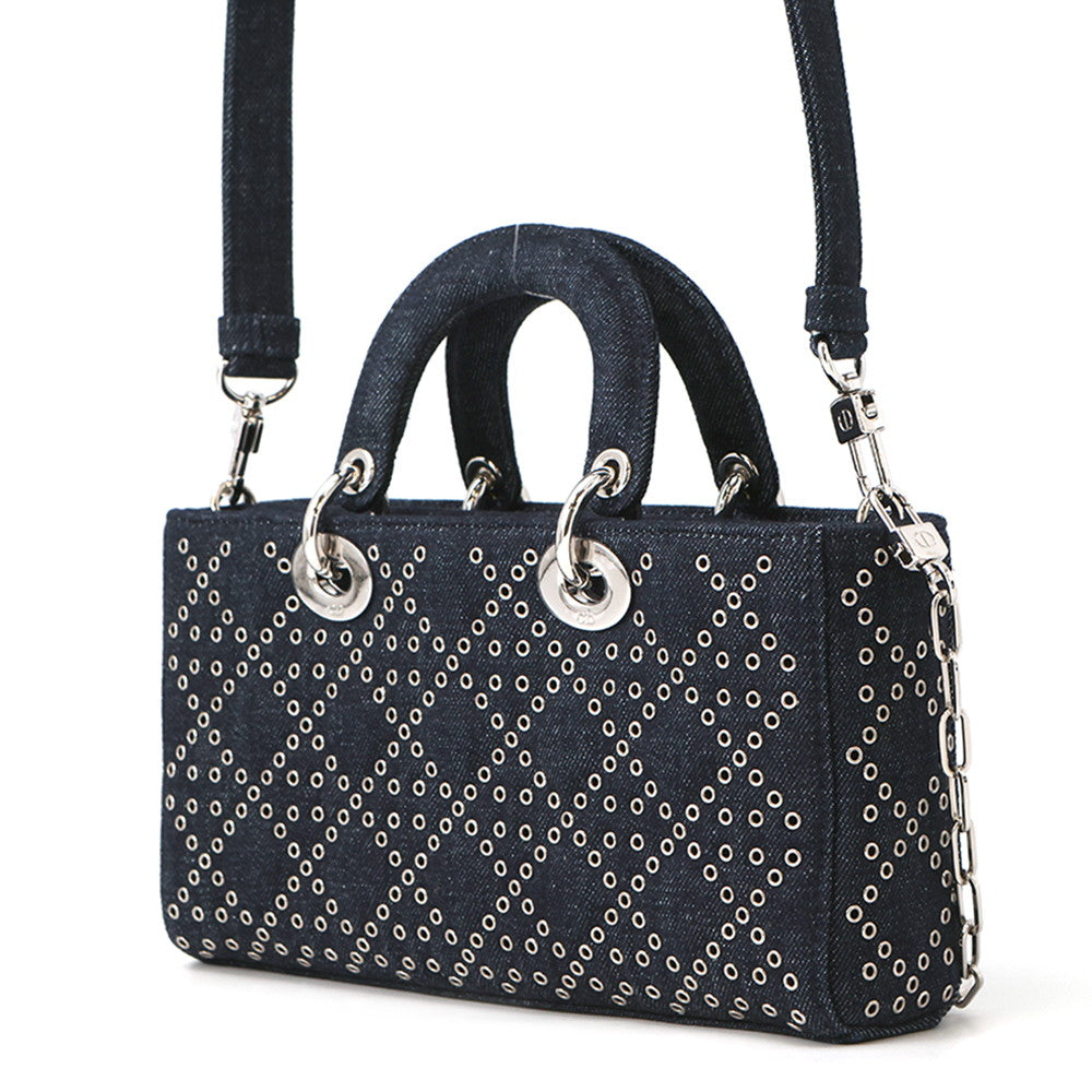 Dior Eyelet Detail Ladies D-JOY 2-Way Bag Navy Denim Size Medium