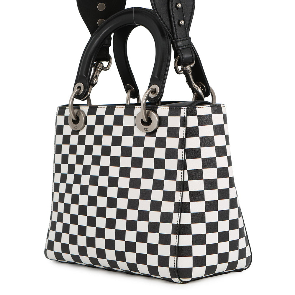 Dior Lady's Dior Checkered 2-Way Bag White/Black Leather Size Medium