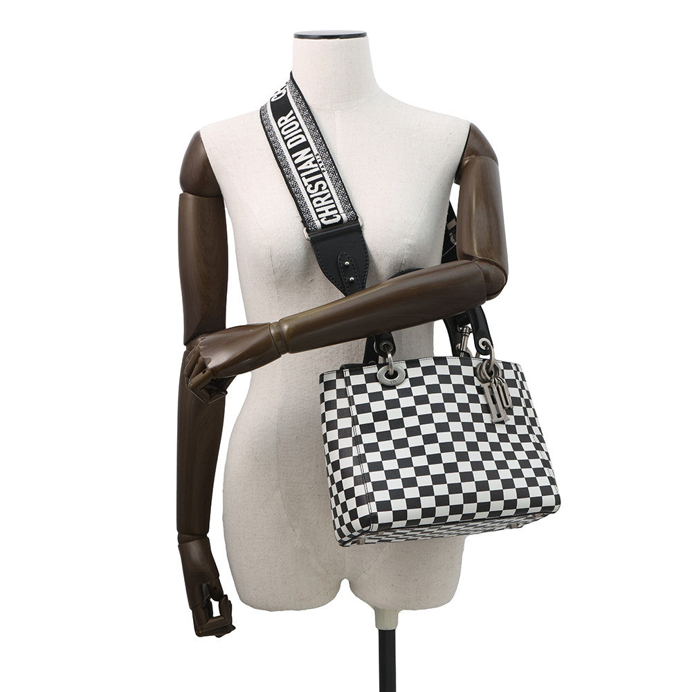 Dior Lady's Dior Checkered 2-Way Bag White/Black Leather Size Medium