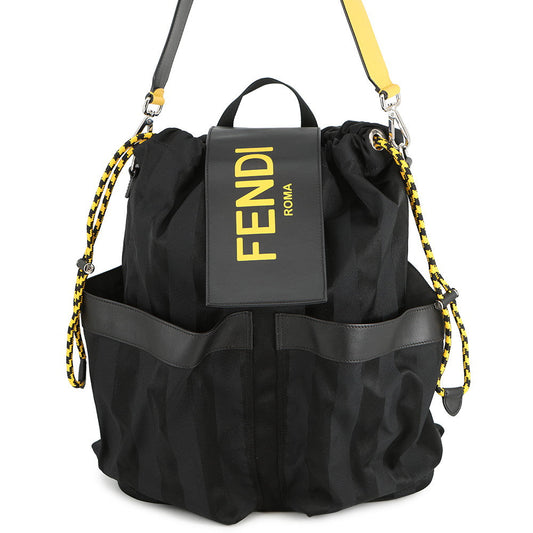 FENDI Strike Pecan Backpack Black/Yellow7VZ056 Nylon Leather Size Large