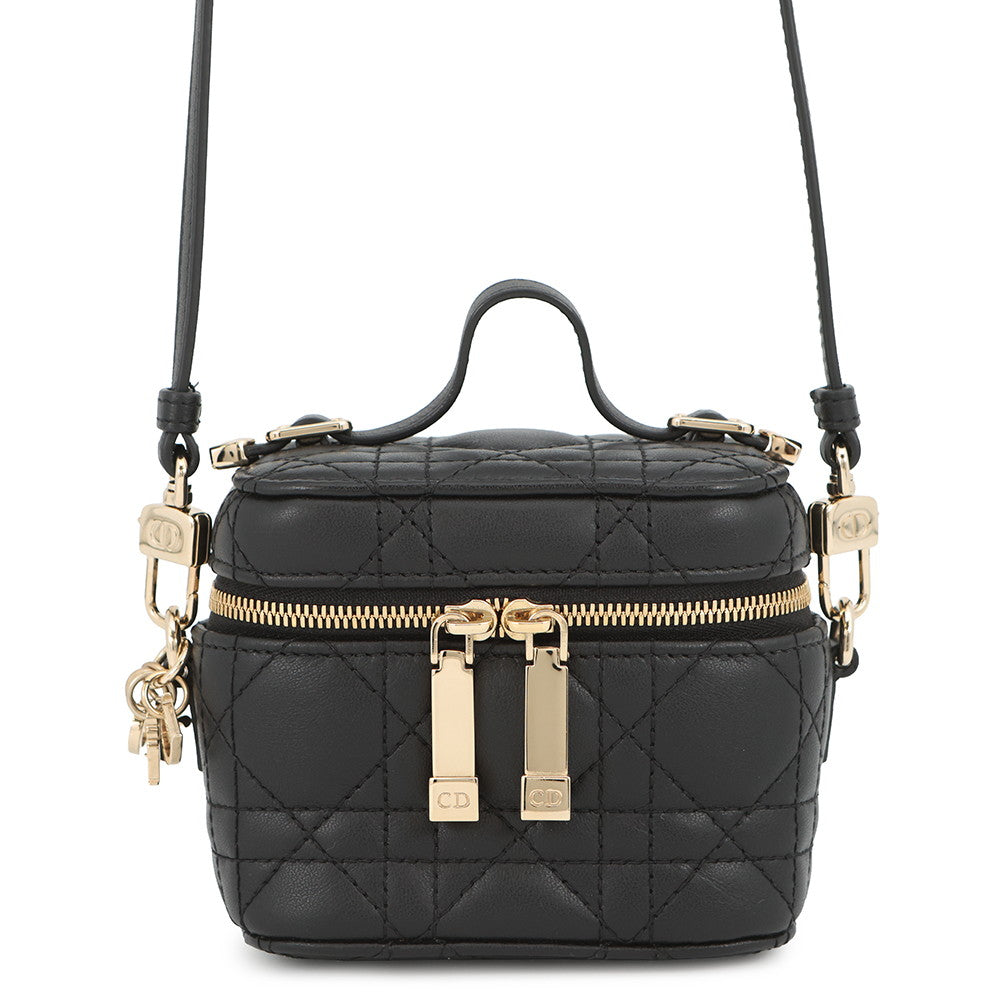 Dior Cannage 2-Way Vanity Shoulder Pouch Black Leather