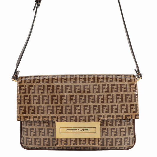 FENDI Zucchino Shoulder Bag Beige/Brown Enamel