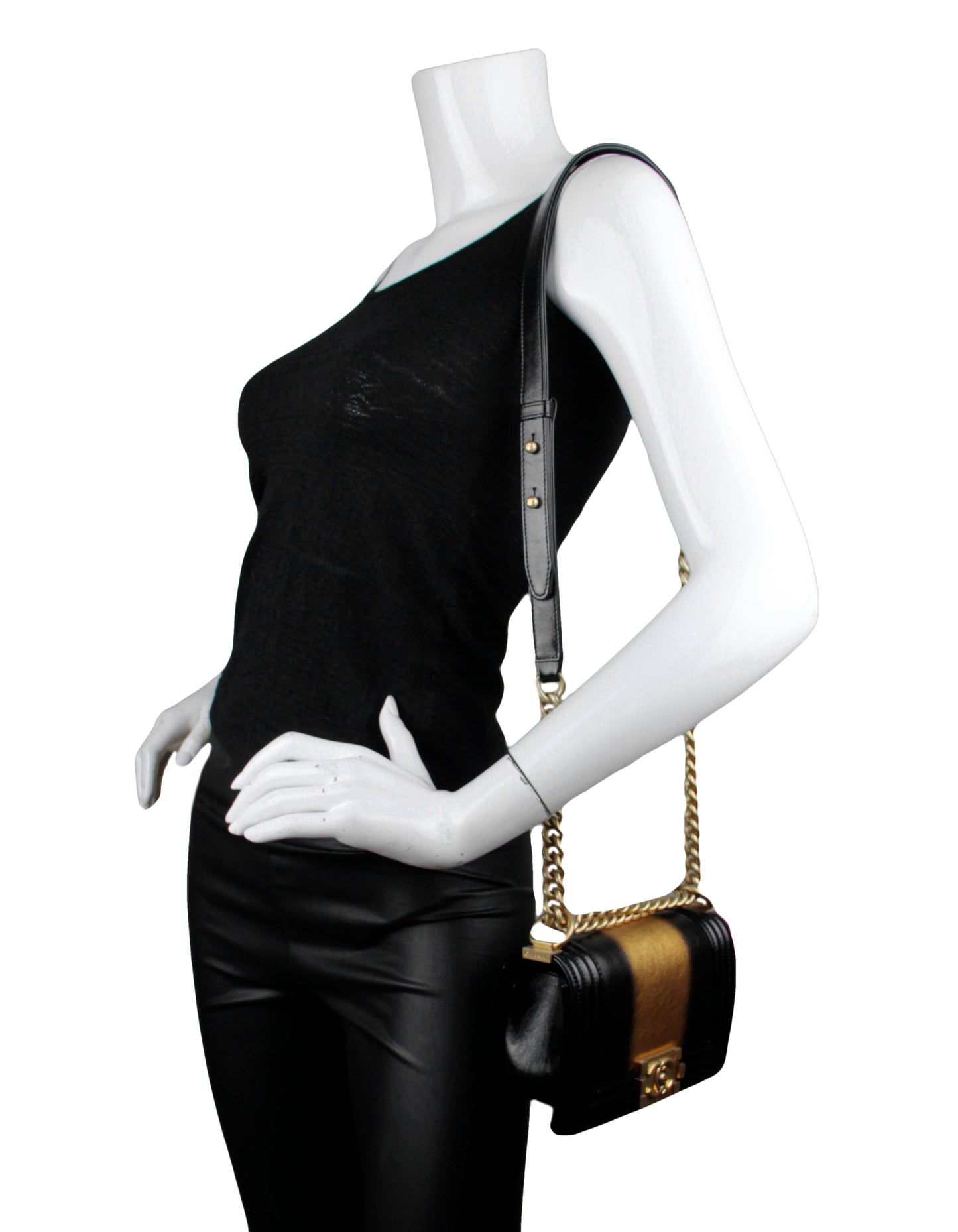 Chanel 2021 Calfskin Leather Metallic Black/Gold Small Boy Bag