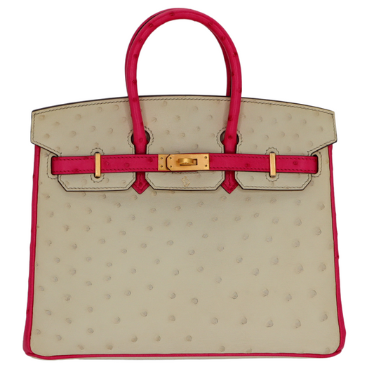 Hermes25cm Birkin HSS Nata/ Rose Tyrien Ostrich Brushed Gold Hardware