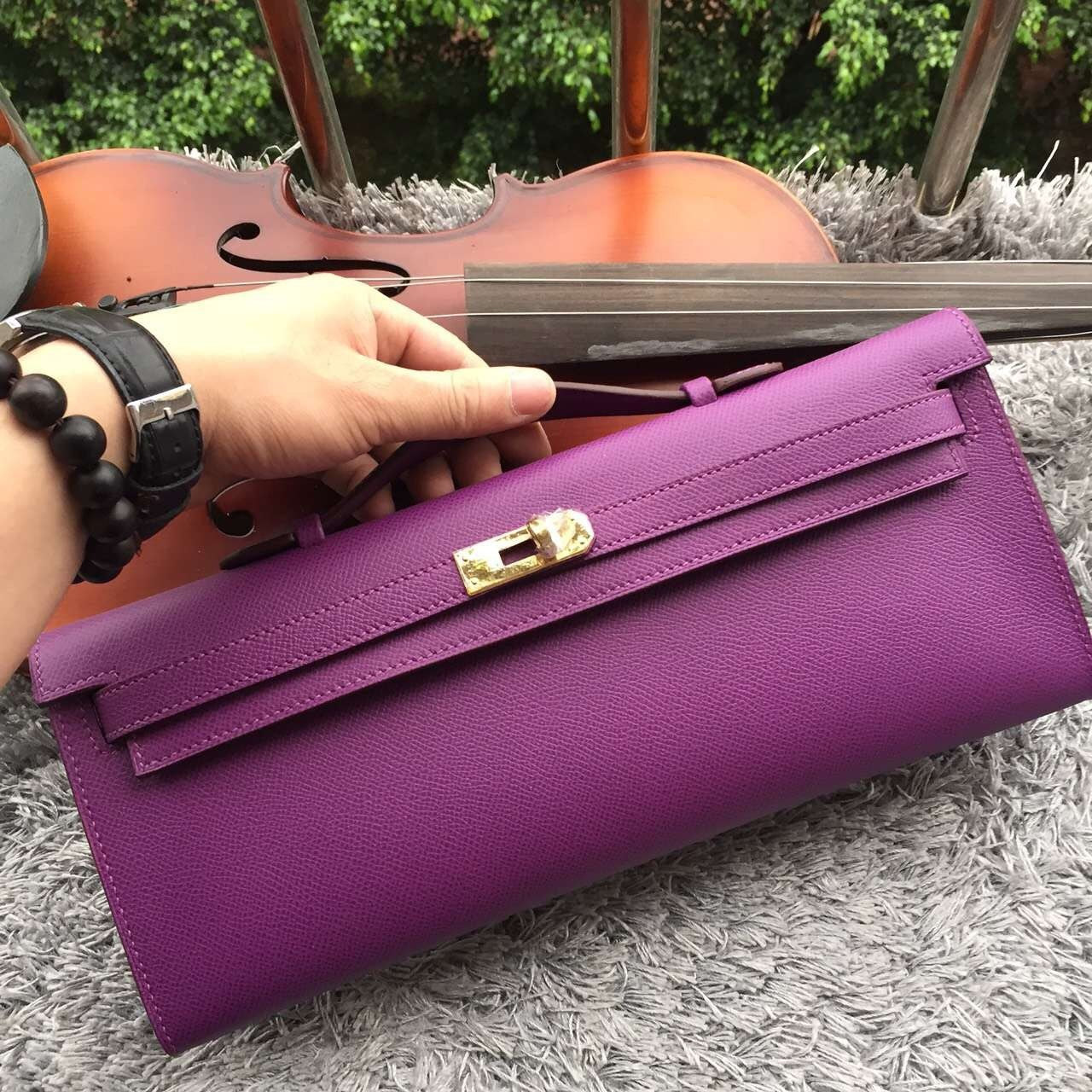 Luxury Hermes Purple Handcrafted Kelly Cut Clutch
