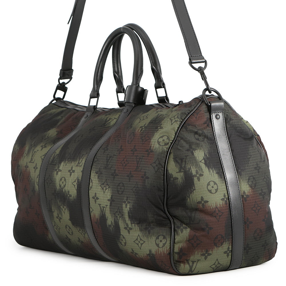 LOUIS VUITTON Keepall Bandouliere Khaki NoirM56416 Monogram Camouflage Nylon Leather Size 50