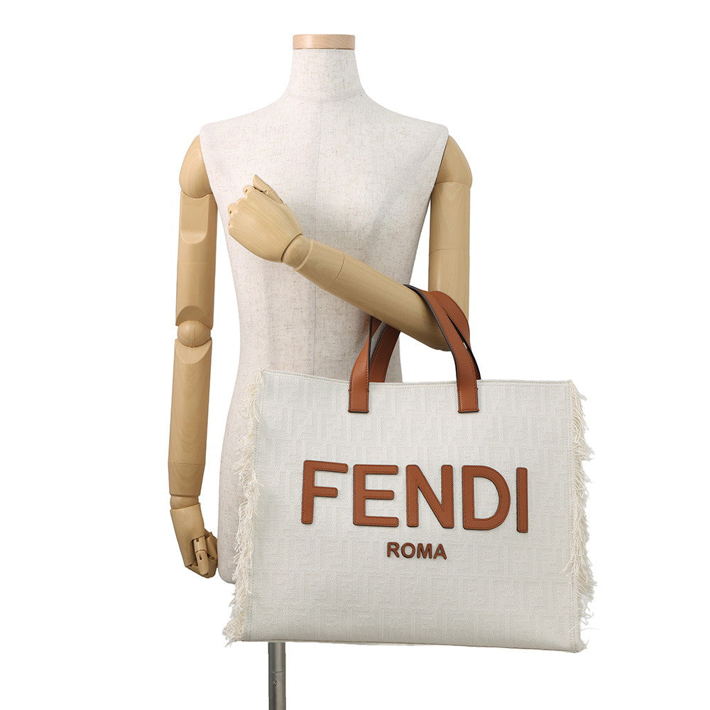 FENDI Logo 2WAY Tote Bag White/Brown7VA591 Canvas Leather