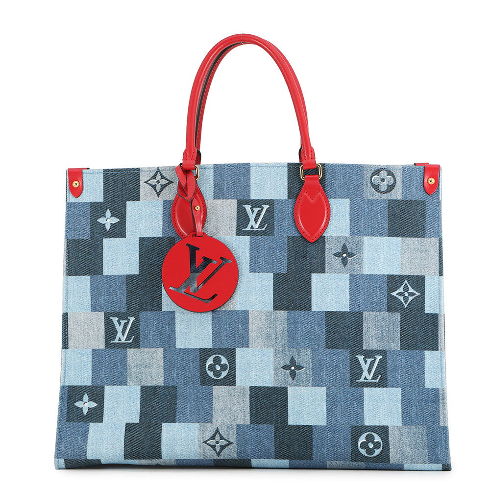 LOUIS VUITTON Onthego Blue RedM44992 Monogram Denim Leather Size GM