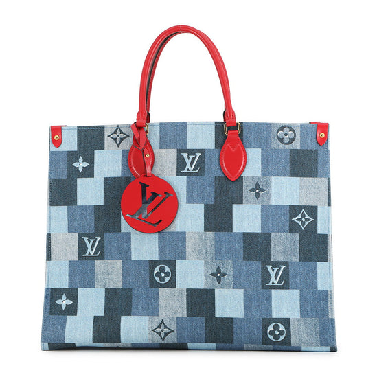 LOUIS VUITTON Onthego Blue RedM44992 Monogram Denim Leather Size GM