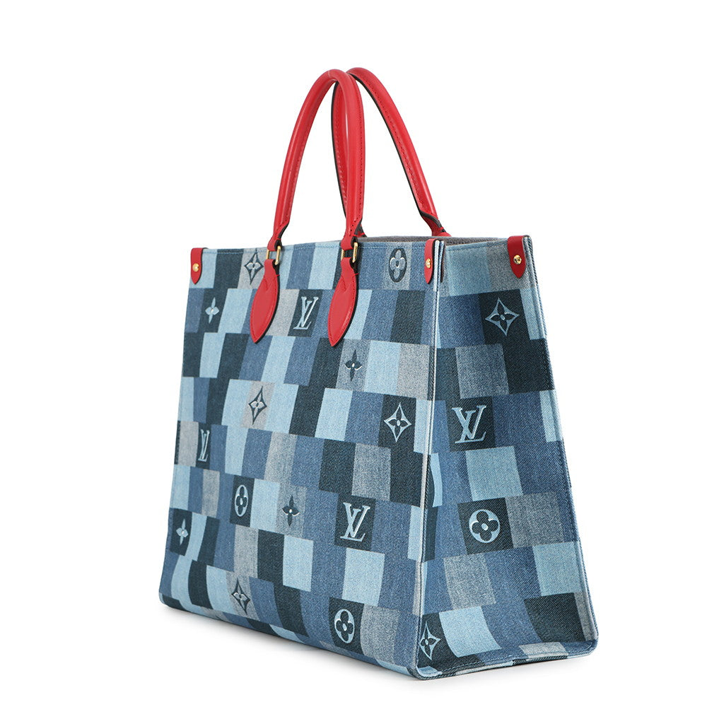 LOUIS VUITTON Onthego Blue RedM44992 Monogram Denim Leather Size GM