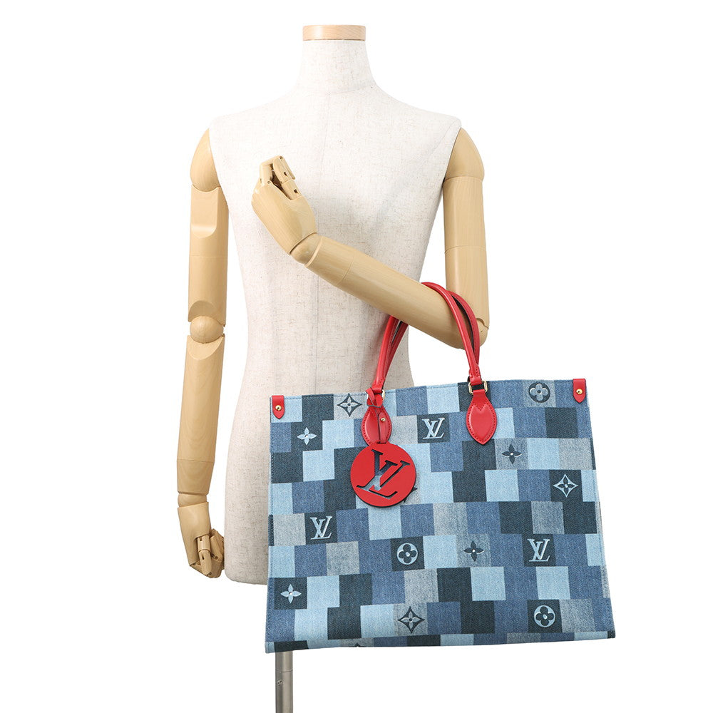 LOUIS VUITTON Onthego Blue RedM44992 Monogram Denim Leather Size GM