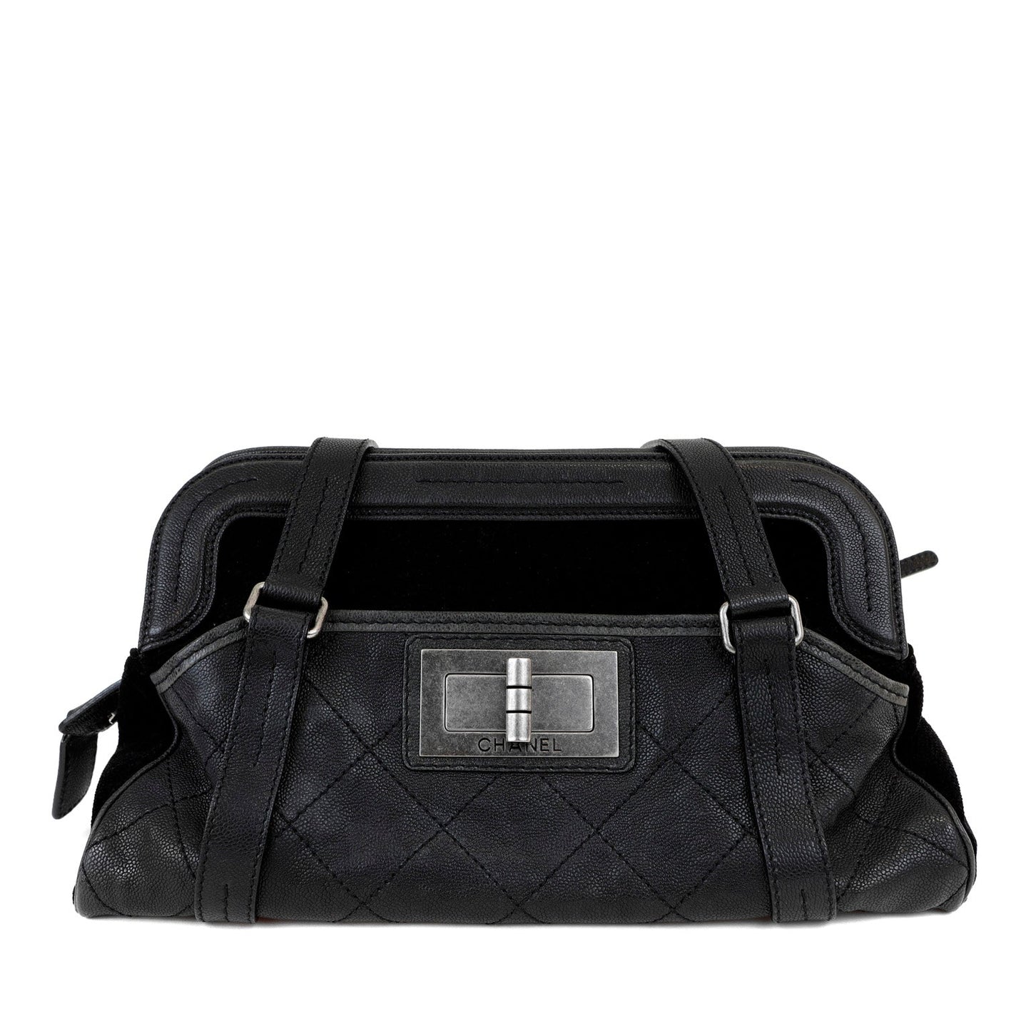 Chanel Black Double Pocket Tote Reissue Quilted Lambskin Suede w Brushed Hardware