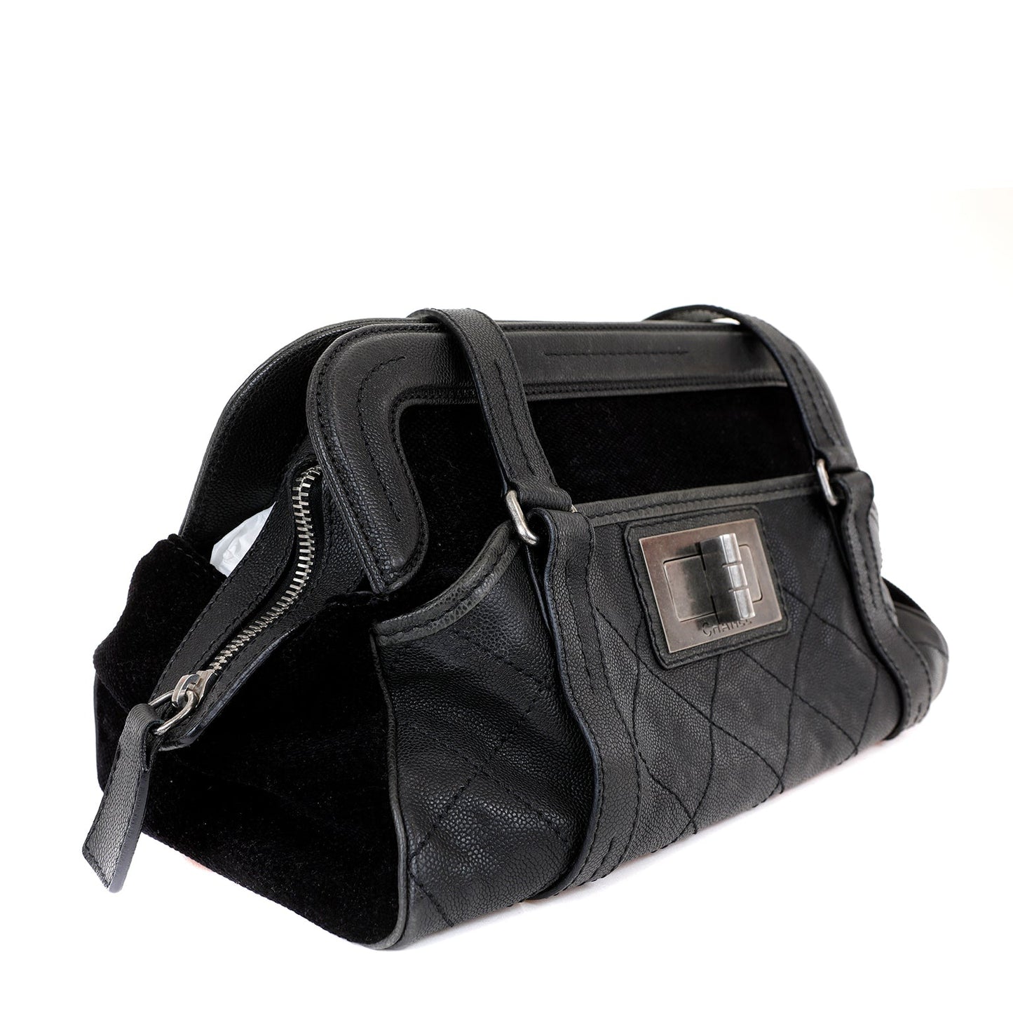 Chanel Black Double Pocket Tote Reissue Quilted Lambskin Suede w Brushed Hardware