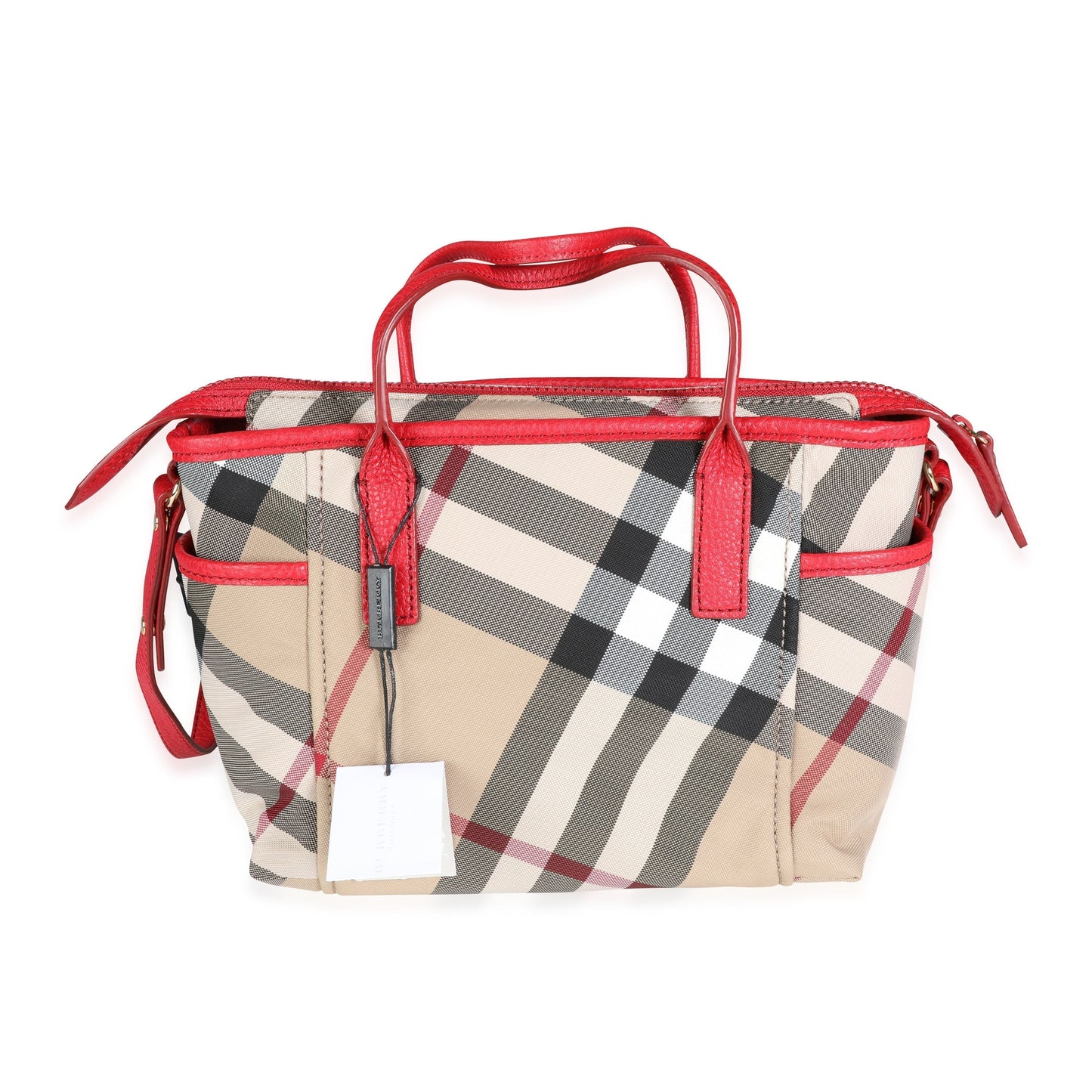 Burberry Exploded Check Canvas & Bright Rose Grained Leather Top Handle Tote