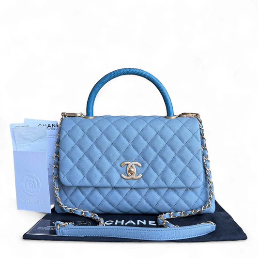 Chanel Coco Handle Medium - Caviar 29CM Quilted Sky Blue Gold Hardware Series 27