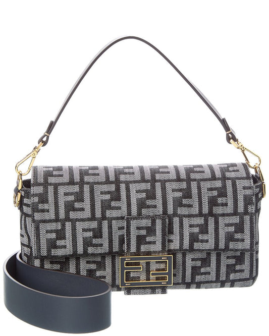 Fendi Baguette Ff Denim Jacquard & Leather Shoulder Bag