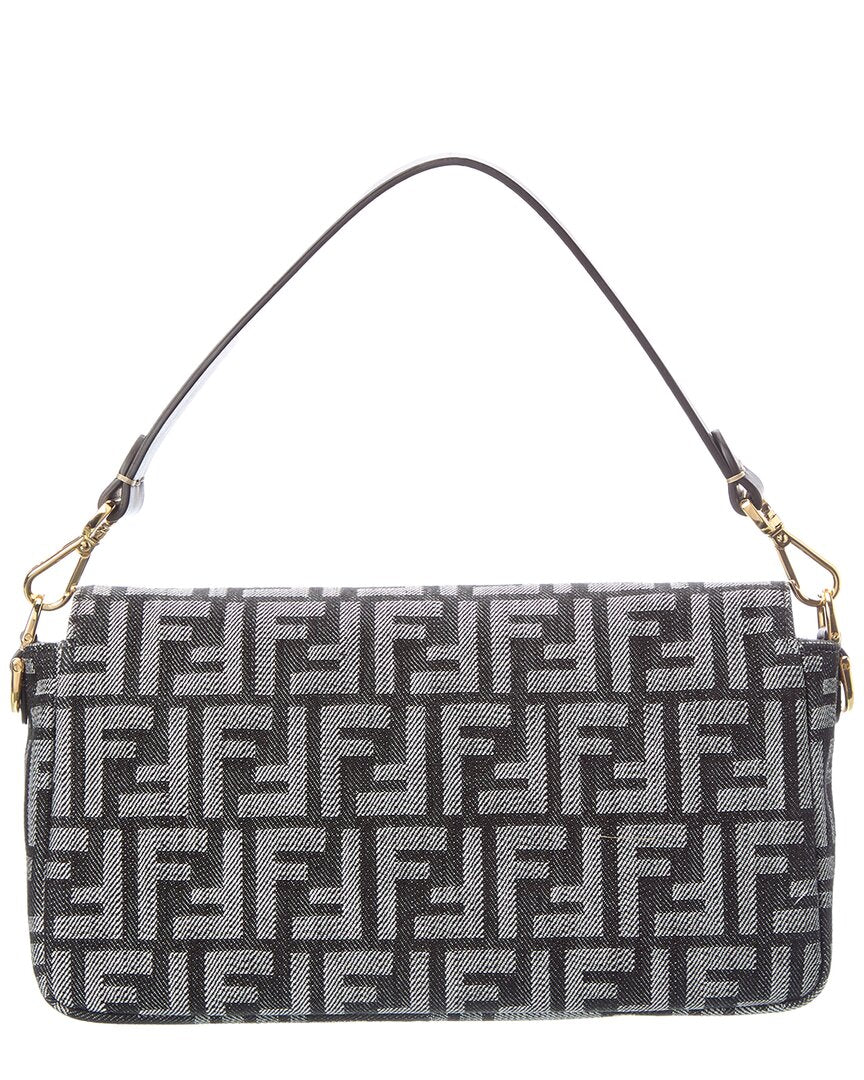 Fendi Baguette Ff Denim Jacquard & Leather Shoulder Bag