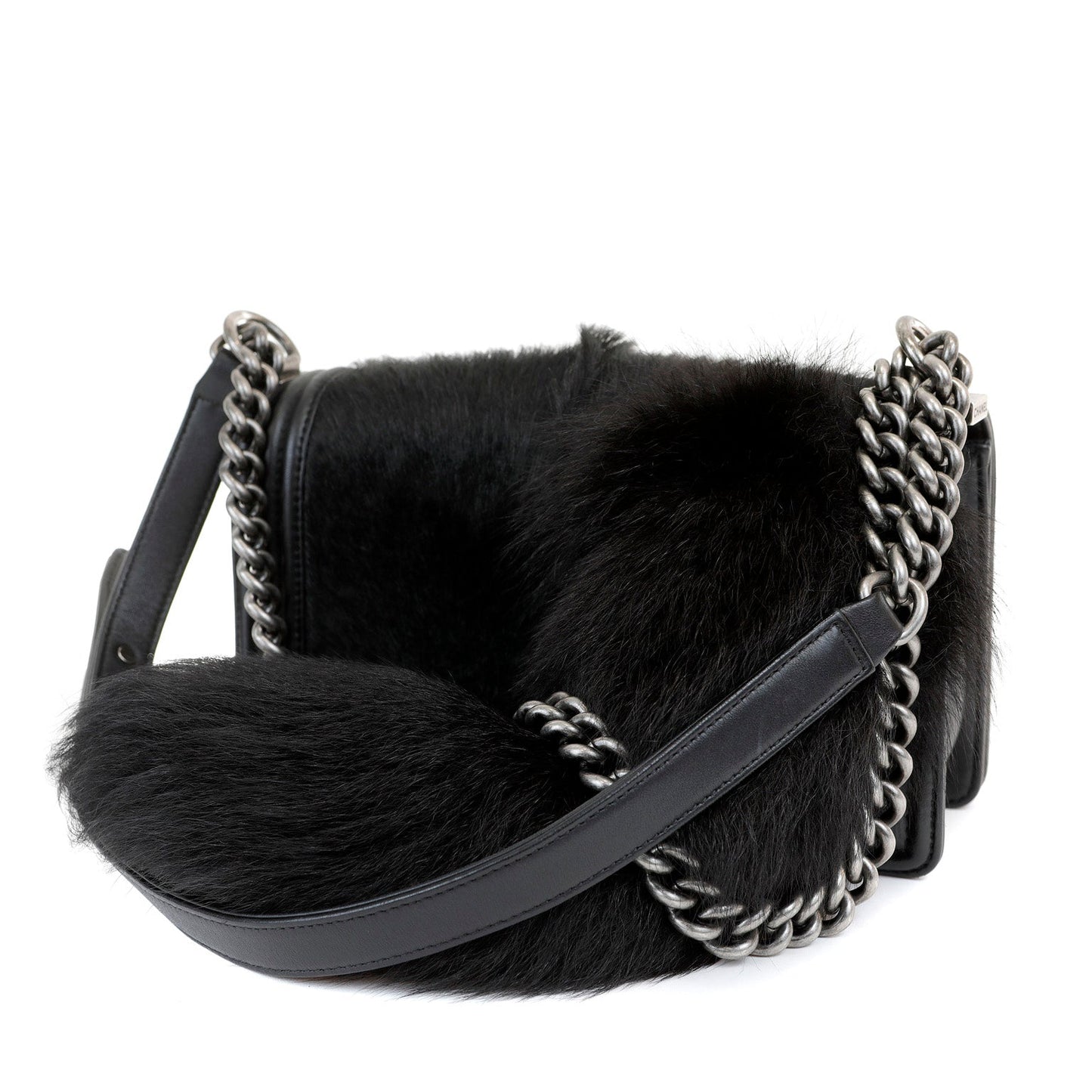 Chanel Black Fox Fur Boy Bag with Tail Ruthenium Hardware