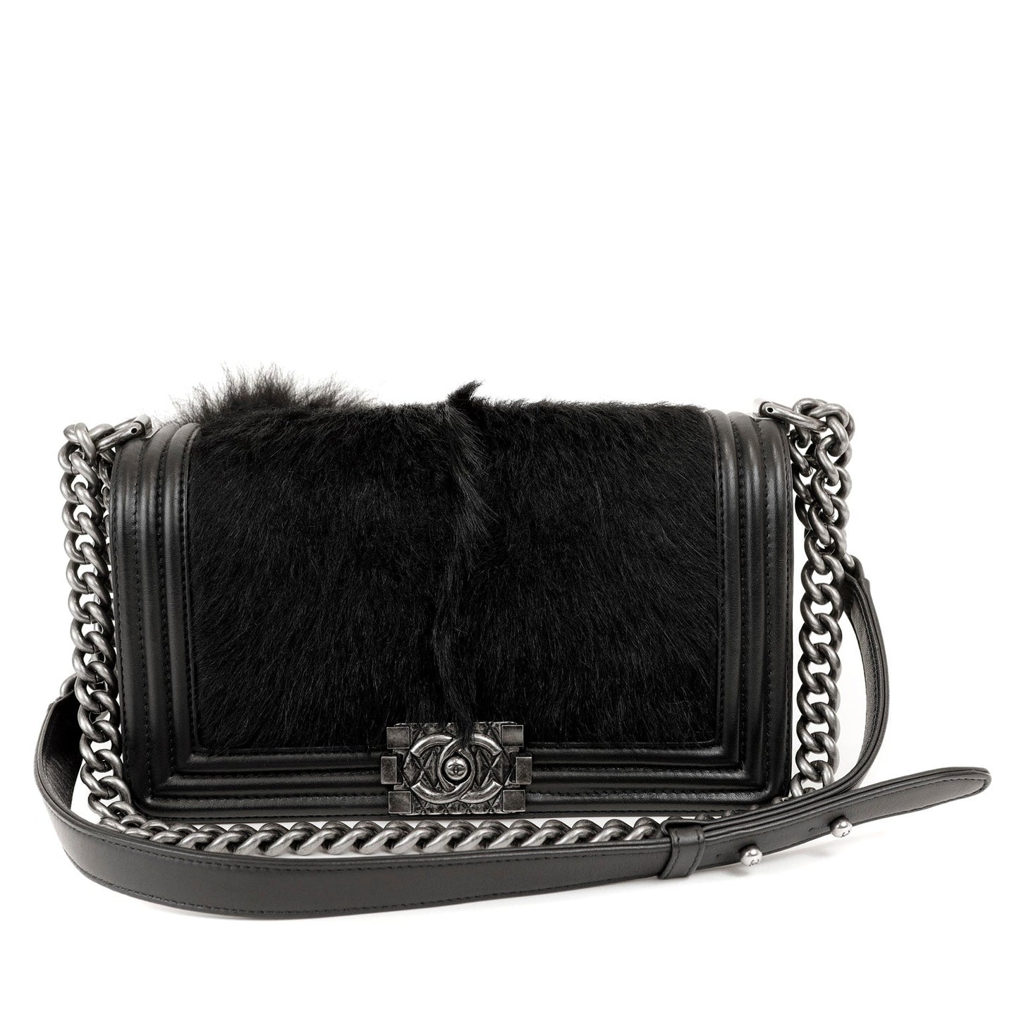 Chanel Black Fox Fur Boy Bag with Tail Ruthenium Hardware