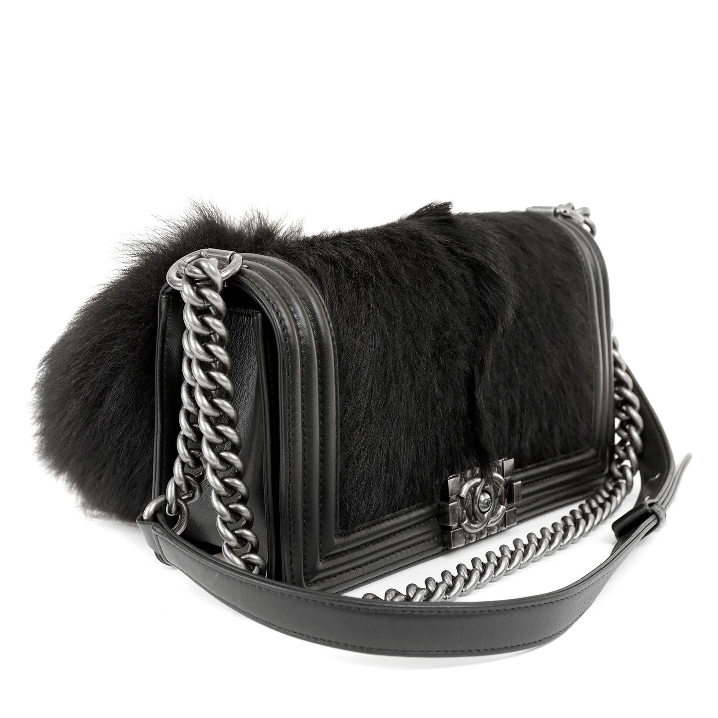 Chanel Black Fox Fur Boy Bag with Tail Ruthenium Hardware