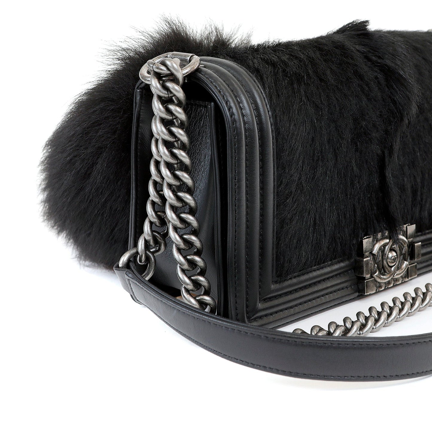 Chanel Black Fox Fur Boy Bag with Tail Ruthenium Hardware