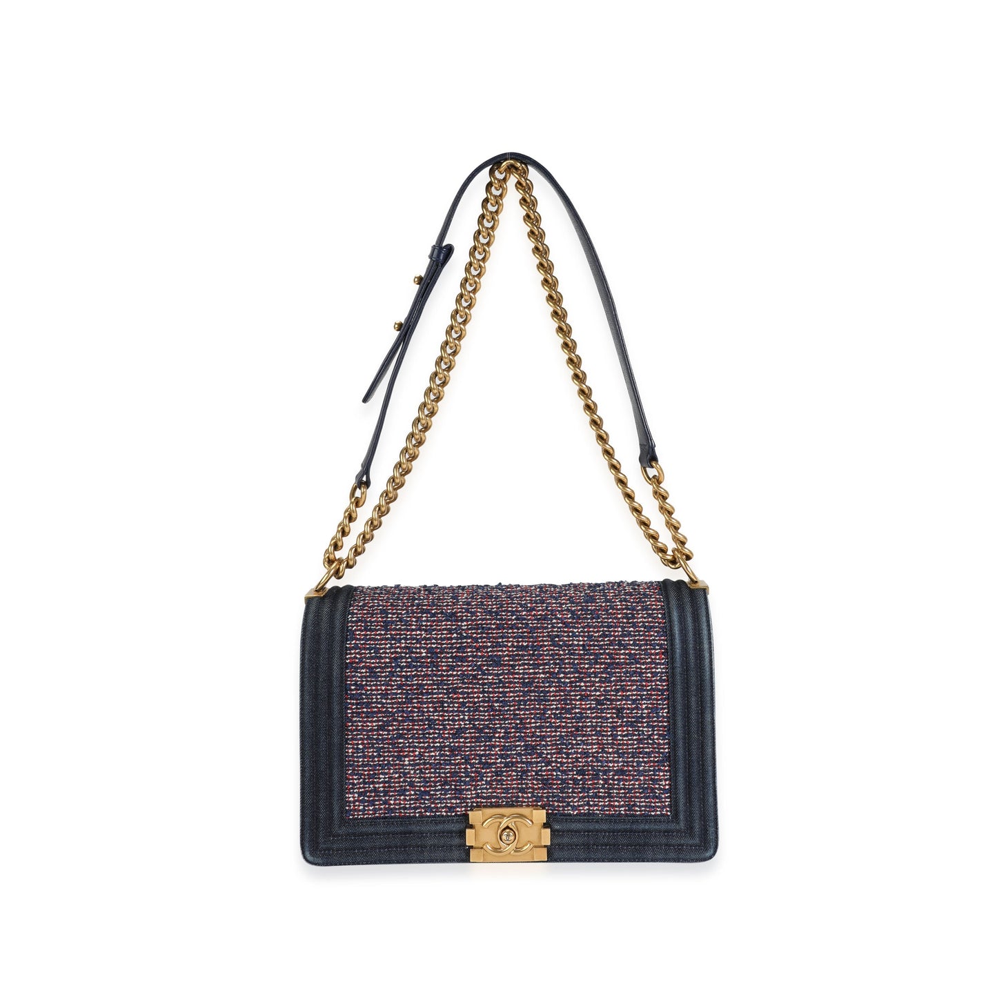 CHANEL Blue Denim Multicolor Boucle New Medium Boy Bag