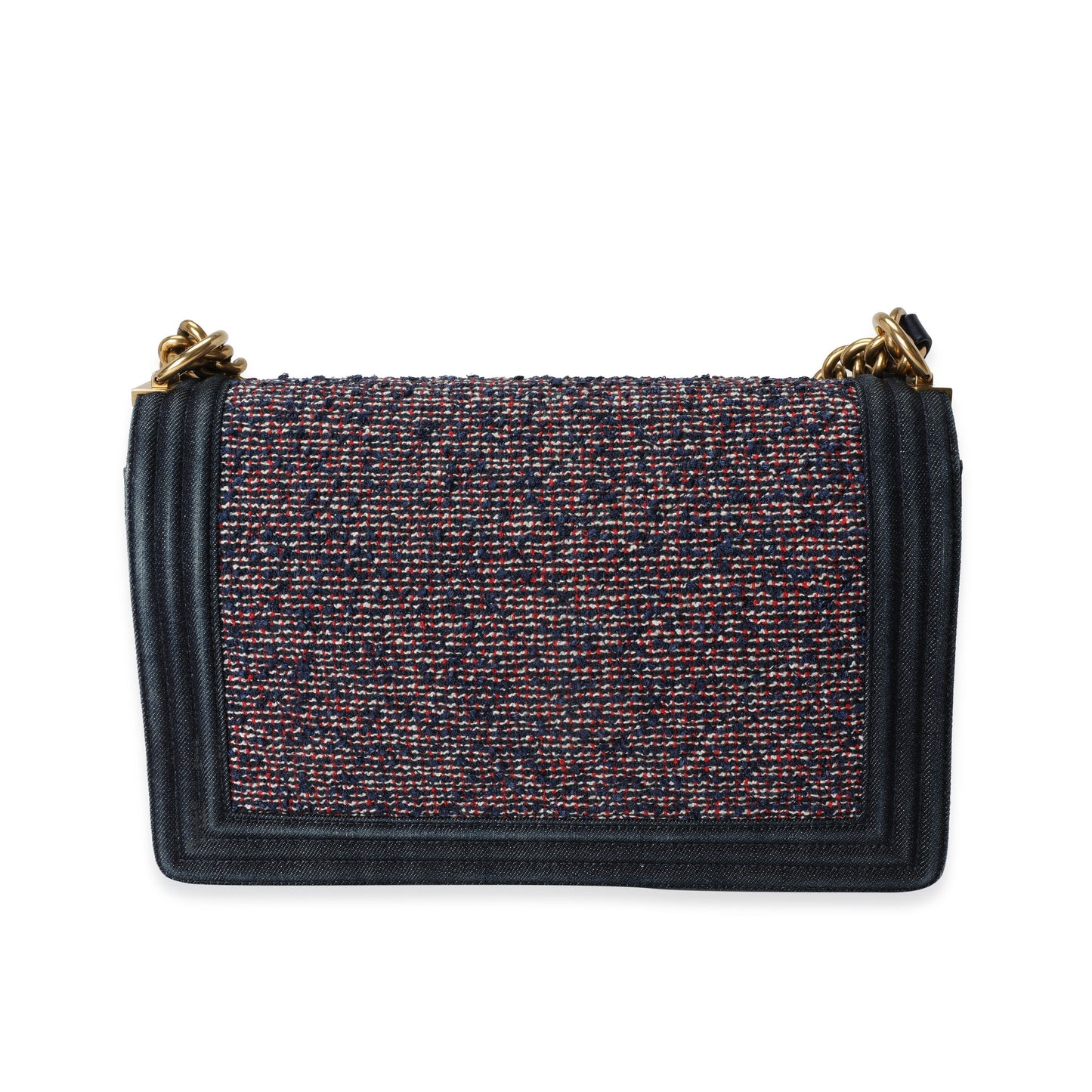 CHANEL Blue Denim Multicolor Boucle New Medium Boy Bag