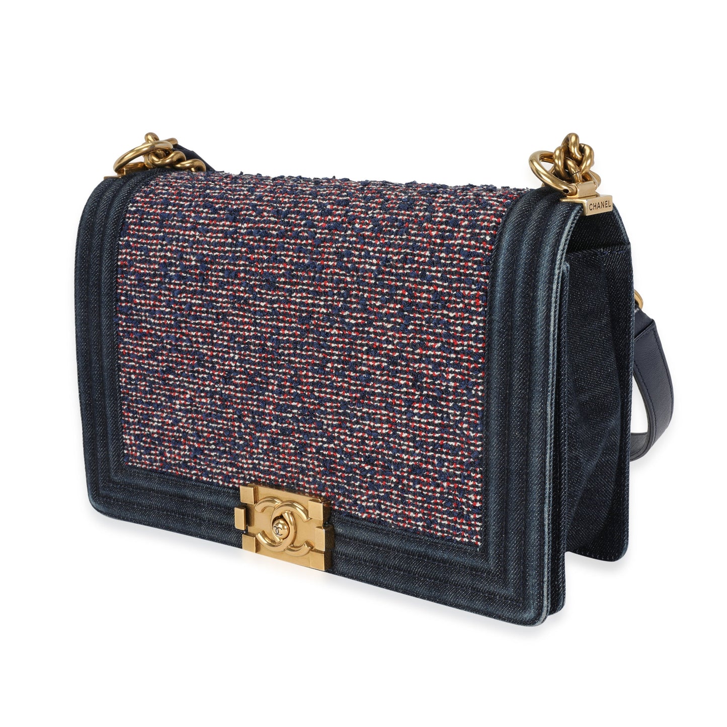 CHANEL Blue Denim Multicolor Boucle New Medium Boy Bag