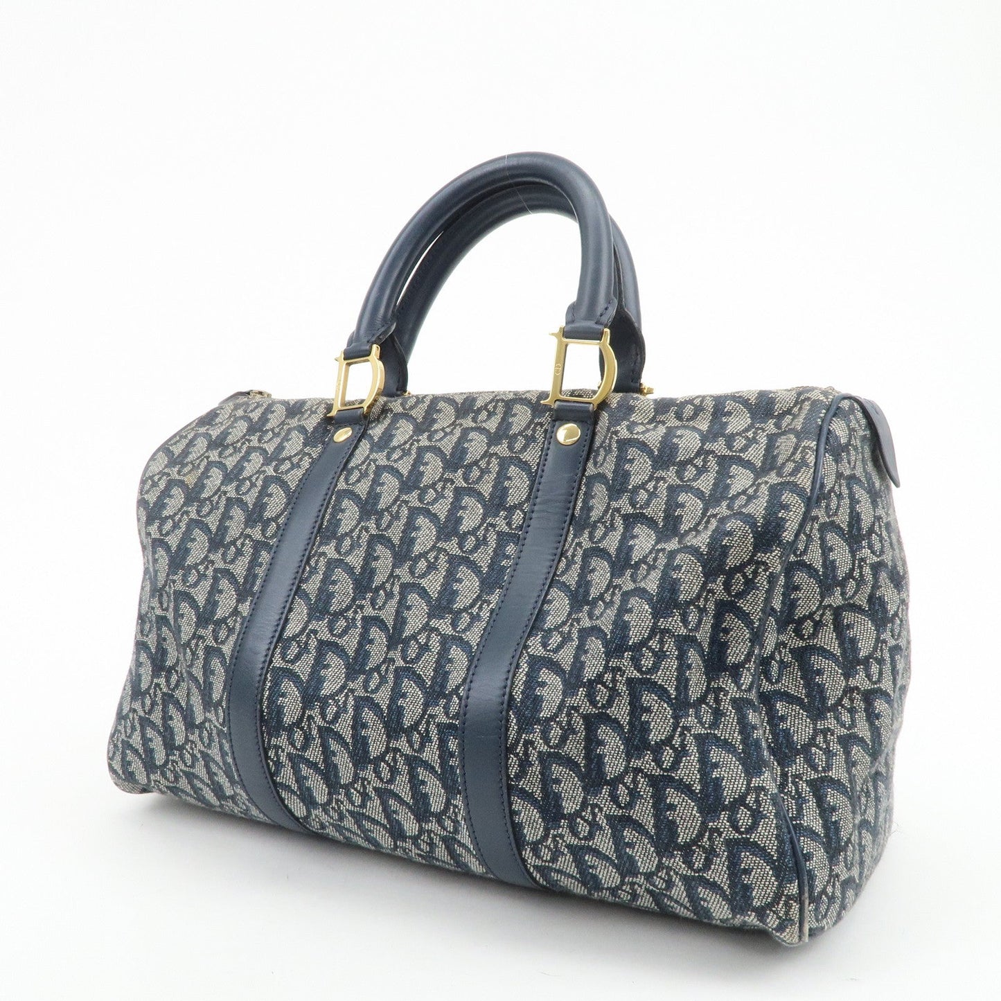 Christian Dior Trotter Jacquard Canvas Leather Boston Bag Navy