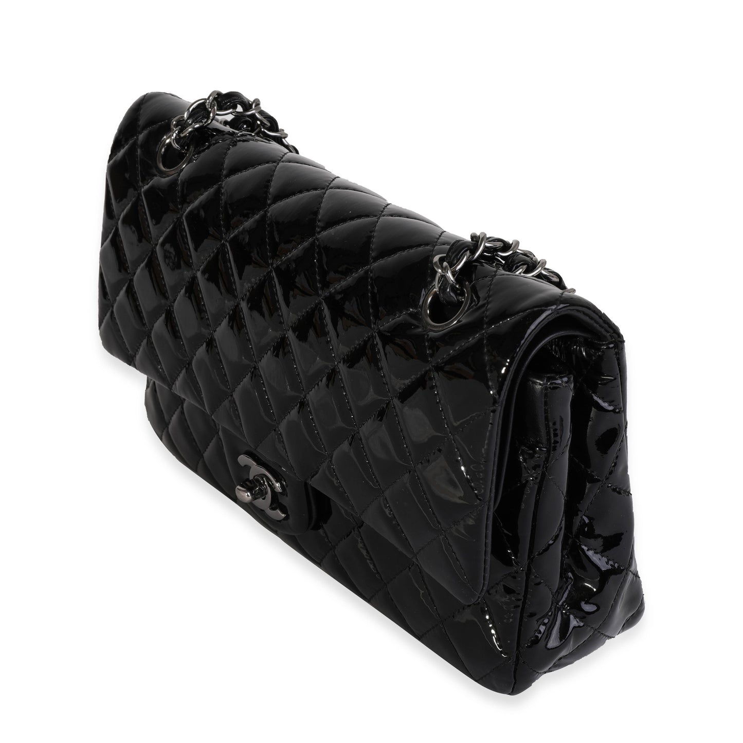 CHANEL Black Quilted Patent Leather Medium Classic Double Flap Bag