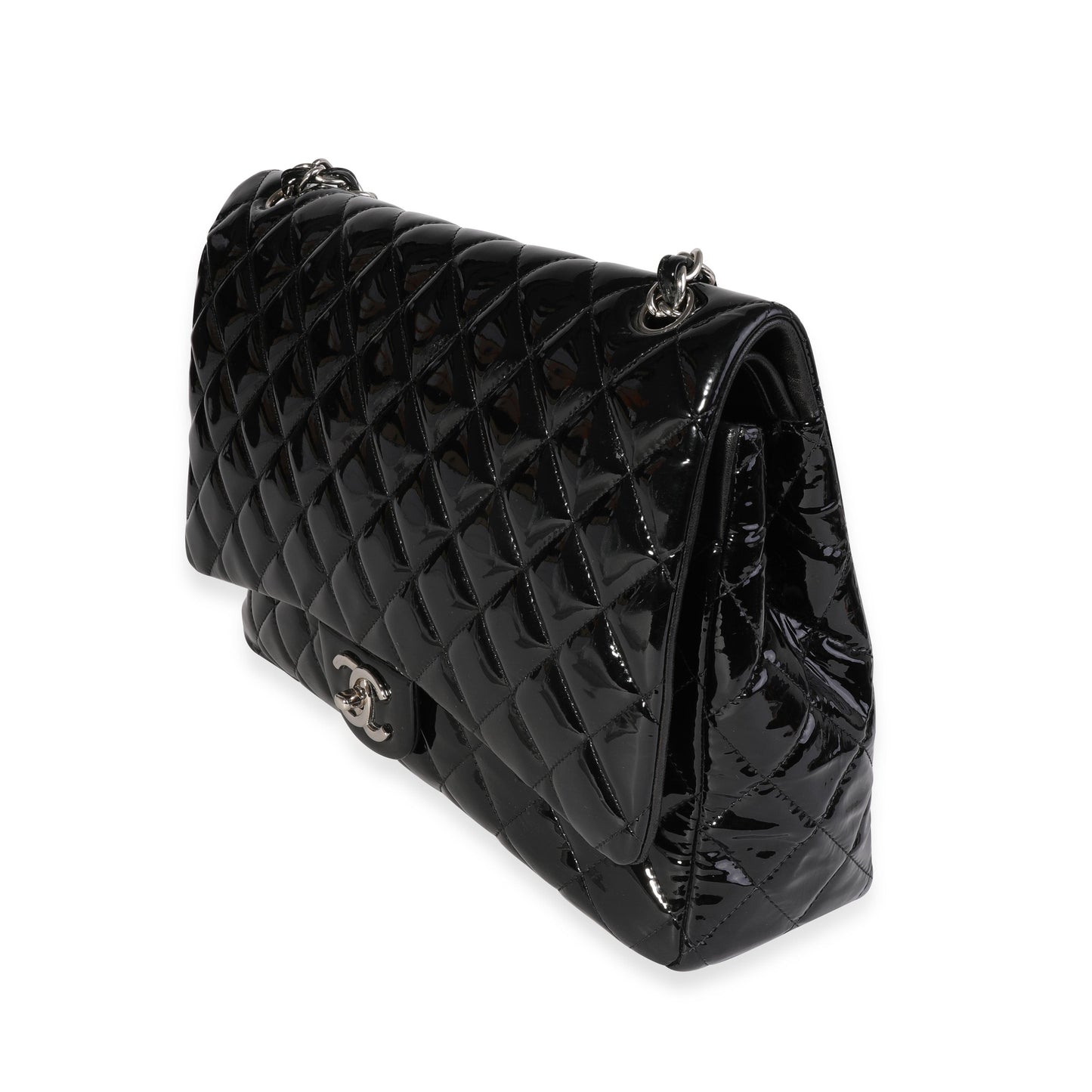 CHANEL Black Quilted Patent Leather Maxi Classic Double Flap Bag