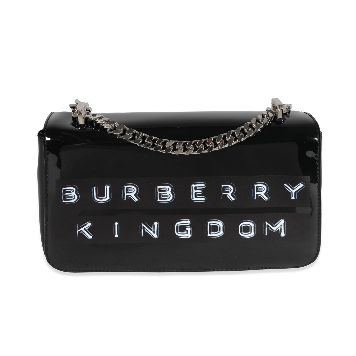 Burberry Black Patent Leather Tape Print Small Lola Bag