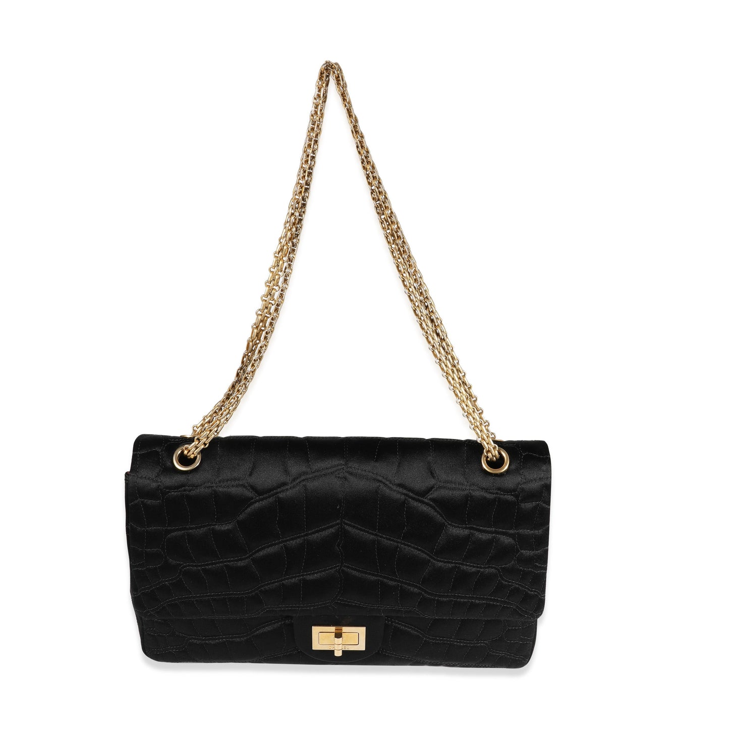 CHANEL Black Crocodile Stitch Satin Reissue 2 55 227 Double Flap Bag